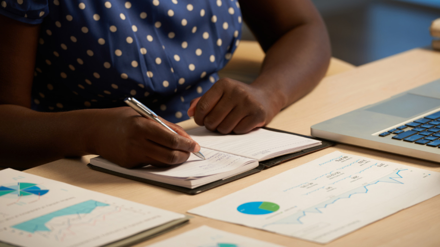 unrecognizable-black-lady-sitting-desk-office-night-writing-journal